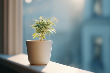 Poster - single potted plant on windowsill minimalistic design