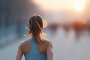 Poster - single runner center frame in motion against sunlit urban backdrop with blurred people represents determination and