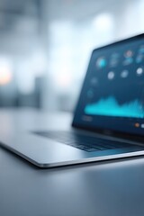 Poster - sleek business desk with laptop displaying ai data focused on and blurred professionals in background