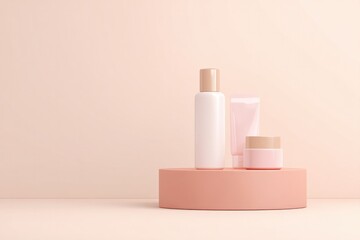 Poster - sleek minimalistic podium set against pure background perfect for displaying cosmetics with ample copy space