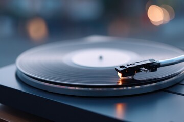 Poster - vintage vinyl record spins on sleek turntable captured in soft ambient light