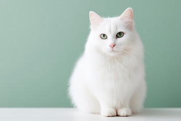 Poster - white fluffy cat sits elegantly in center of plain pastel background surrounded by ample copy space
