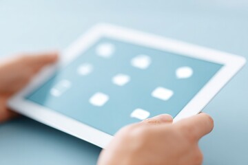 Poster - aerial view of hands using digital devices surrounded by holographic icons on solid backdrop
