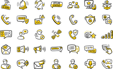 sketch style notification and communication icons various digital elements on white background