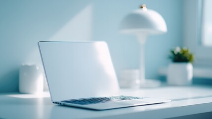 Poster - image of minimalistic workspace with laptop open to online course surrounded by sleek stationery and modern desk lamp