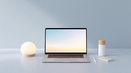 Aufkleber - image of minimalistic workspace with laptop open to online course surrounded by sleek stationery and