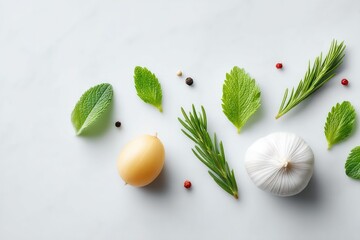 Poster - minimalistic close-up of assorted garnishes on pristine white background