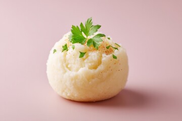 Poster - minimalistic photo of single serving of garnished mashed potatoes on smooth solid color background
