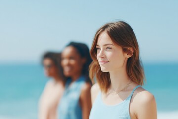 Poster - minimalistic portrait of diverse group of people with blurred beach backdrop