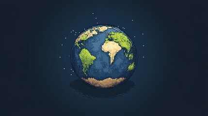 Poster - Earth icon with tiny blocky continents and oceans in a retro video game style.