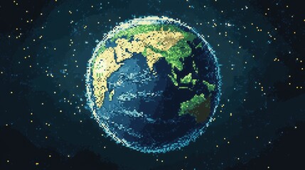 Poster - Earth icon with tiny blocky continents and oceans in a retro video game style.