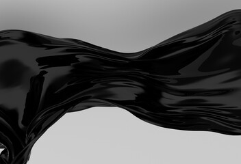 Aufkleber - Smooth, shiny black wave flows across a light gray background in this abstract 3D illustration, highlighting glossy reflections and dynamic, modern curves.