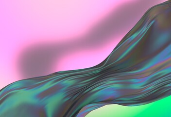 Fototapete - Fluid, iridescent 3D wave curves across a pastel background with soft pink, lavender, and green hues, creating a dreamy, abstract, and modern visual effect.