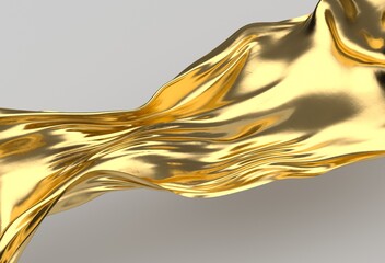 Poster - Luxurious gold metallic wave flows gracefully with smooth curves on a neutral background, showcasing a modern, abstract, and elegant 3D illustration with a reflective, shiny surface.
