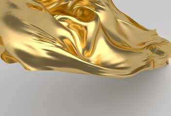 Aufkleber - Luxurious gold metallic wave flows gracefully with smooth curves on a neutral background, showcasing a modern, abstract, and elegant 3D illustration with a reflective, shiny surface.
