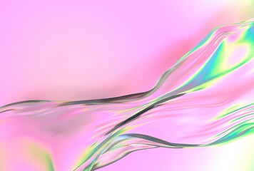 Aufkleber - Flowing, translucent 3D wave with pastel pink, green, and yellow hues moves smoothly across a soft pink background in an abstract and dreamy visual.