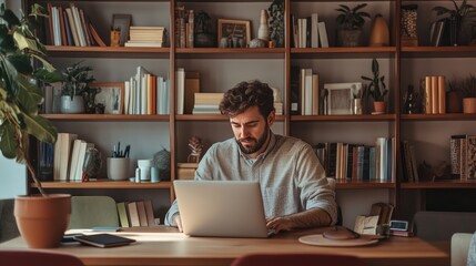 Poster - A professional adult working on a laptop in a stylish home office, with shelves filled with books and decorative items