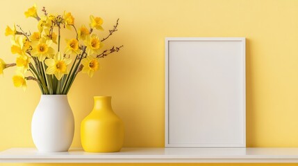 Poster - Minimalistic yellow backdrop enhances the elegance of framed daffodil