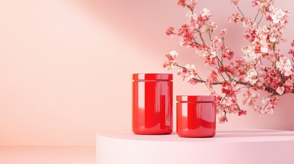 Poster - Modern aesthetic featuring three shiny red jars on light pink matte surface
