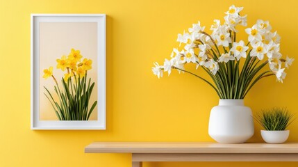 Poster - Minimalistic yellow backdrop enhances the elegance of framed daffodil