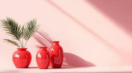 Poster - Modern aesthetic featuring three shiny red jars on light pink matte surface