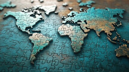 Poster - A puzzle-themed world map where continents are shaped like interlocking jigsaw pieces, symbolizing unity and connection