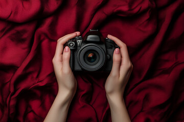 Aufkleber - Hands holding black camera on red fabric backgroundShowcase of photography equipment, symbolizing creativity and artistry