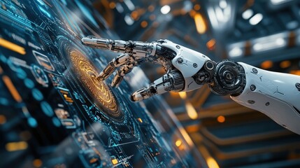 Poster - A robotic arm with intricate gears and circuits, reaching out to interact with a virtual AI interface.