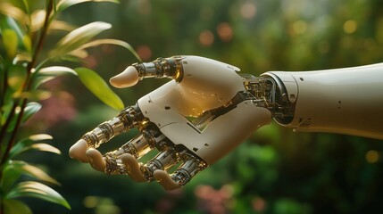 Poster - robotic hand seamlessly integrating into a human arm, symbolizing AI-enhanced human abilities.
