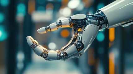 Poster - robotic hand seamlessly integrating into a human arm, symbolizing AI-enhanced human abilities.