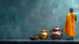 A serene buddha statue adorns a shelf alongside aged teapots against a muted blue backdrop evoking peace and spiritual contemplation in a minimalist scene.