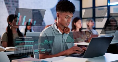 Aufkleber - Laptop, man and student in lecture with statistics overlay with studying for finance exam. Computer, hologram and male person typing with research online with charts or graphs for university test.