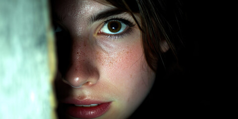 Poster - Close-up Photograph of a Woman's Face Partially Hidden Behind a Vertical Element