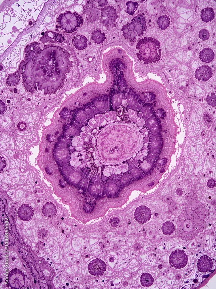Caseation of human tuberculosis granuloma, light micrograph, photo ...