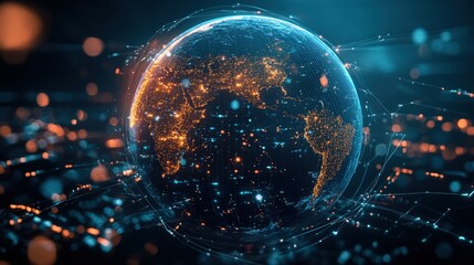 Poster - sci-fi-inspired Earth with virtual reality-style holographic connections between continents