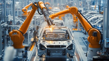 Poster - a semi-automated car factory, where human workers and robots collaborate on assembling vehicles.