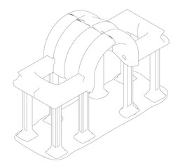 Poster - A drawing of a building with a curved roof. The roof is made of a series of arches. Isometric view