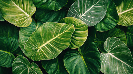 Poster - Close-up of lush green leaves with prominent veins, creating a textured natural pattern, showcasing vibrant tropical foliage perfect for nature or botanical themes