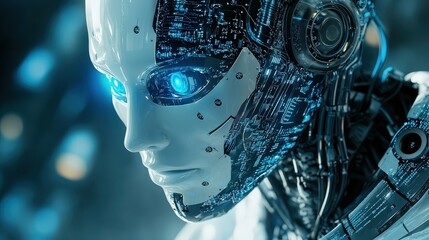 Poster - A sleek AI-powered robot with a metallic finish, glowing blue eyes, and intricate circuits on its body, symbolizing artificial intelligence