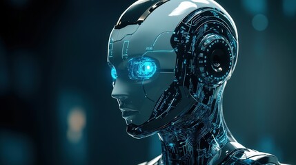 Poster - A sleek AI-powered robot with a metallic finish, glowing blue eyes, and intricate circuits on its body, symbolizing artificial intelligence