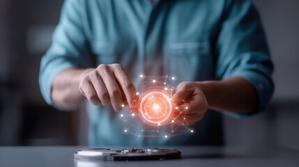 Poster - Data Connection: A man interacting with holographic digital data, showcasing advanced technology and network concepts.
