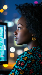 Poster - Profile of a young Black woman, gazing at a computer screen, city lights blurred in background, showcasing focus and determination in tech work
