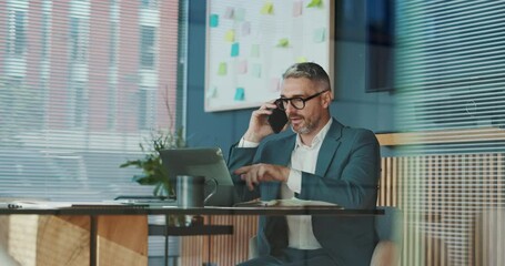 Poster - Laptop, businessman and phone call in office for financial development, investment and deal. Manager, offer or investor talking on mobile communication for finance, funding or budget negotiation