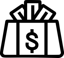 Poster - Black and white icon of money bag with dollar sign and bills protruding. Vector illustration