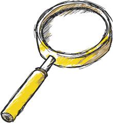 Poster - Hand-drawn yellow magnifying glass sketch with black outlines on white background. Vector illustration