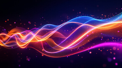 Poster - Vibrant Energy Flow: An electrifying display of light and color, composed of dynamic neon waves, sparkles, and an atmospheric glow, all set against a deep, dark backdrop.