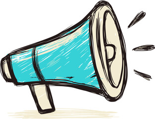 Poster - Blue and beige sketch of a loudspeaker emitting sound waves. Vector illustration