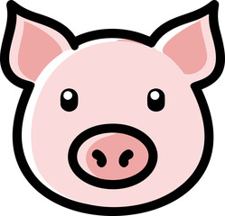 Poster - Cute cartoon pig face with pink ears and a black outline, . Vector illustration