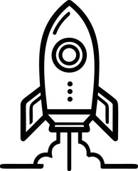 Poster - Simple black and white line drawing of rocket launching upward. Vector illustration