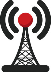 Poster - Black and red radio tower icon with signal waves, modern communication symbol. Vector illustration